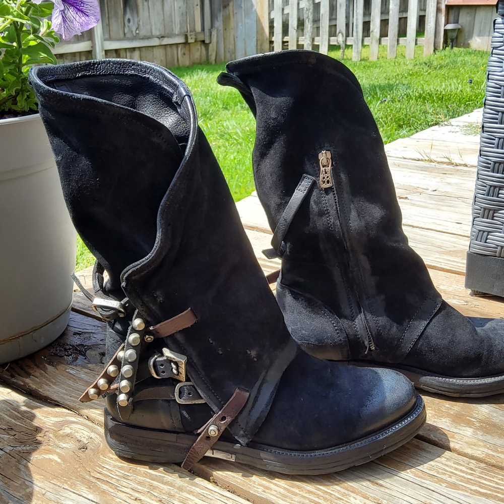 A.S.98 Black Leather Strappy Embellished Moto Boots with Rugged Design, sz 8.5